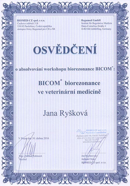 Certifikát biorezonance ve veterinární medicíně